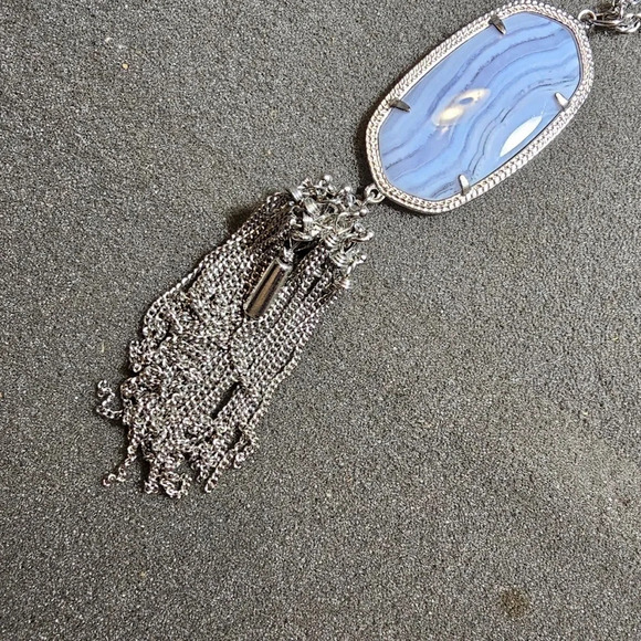 Kendra Scott Blue Lace Agate Rayne Silver Tone Statement Tassel Necklace 28" Lng - Picture 8 of 8